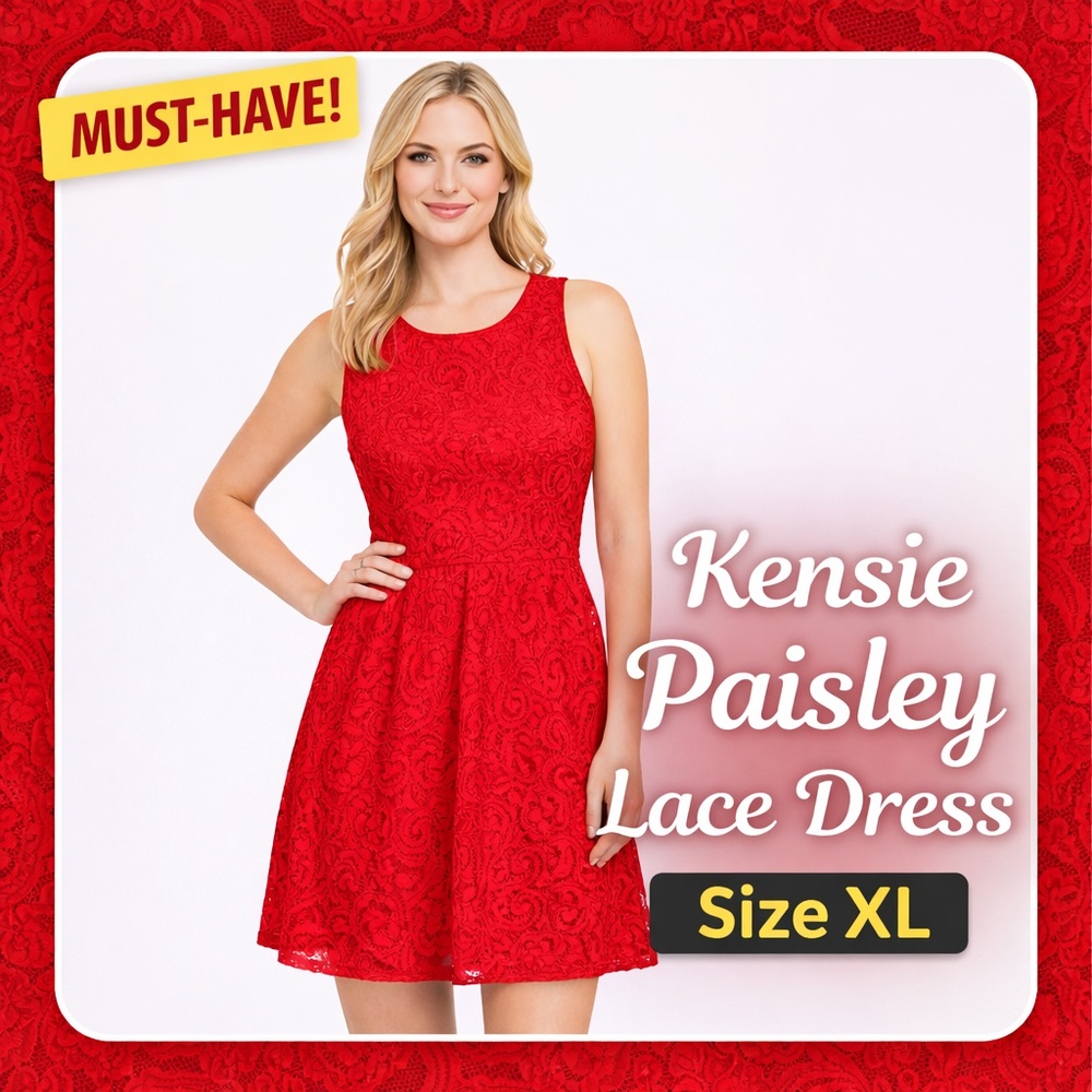 NWT Kensie Paisley Lace  Sleeveless Backed Zipper Dress in Rouge Red Size XL